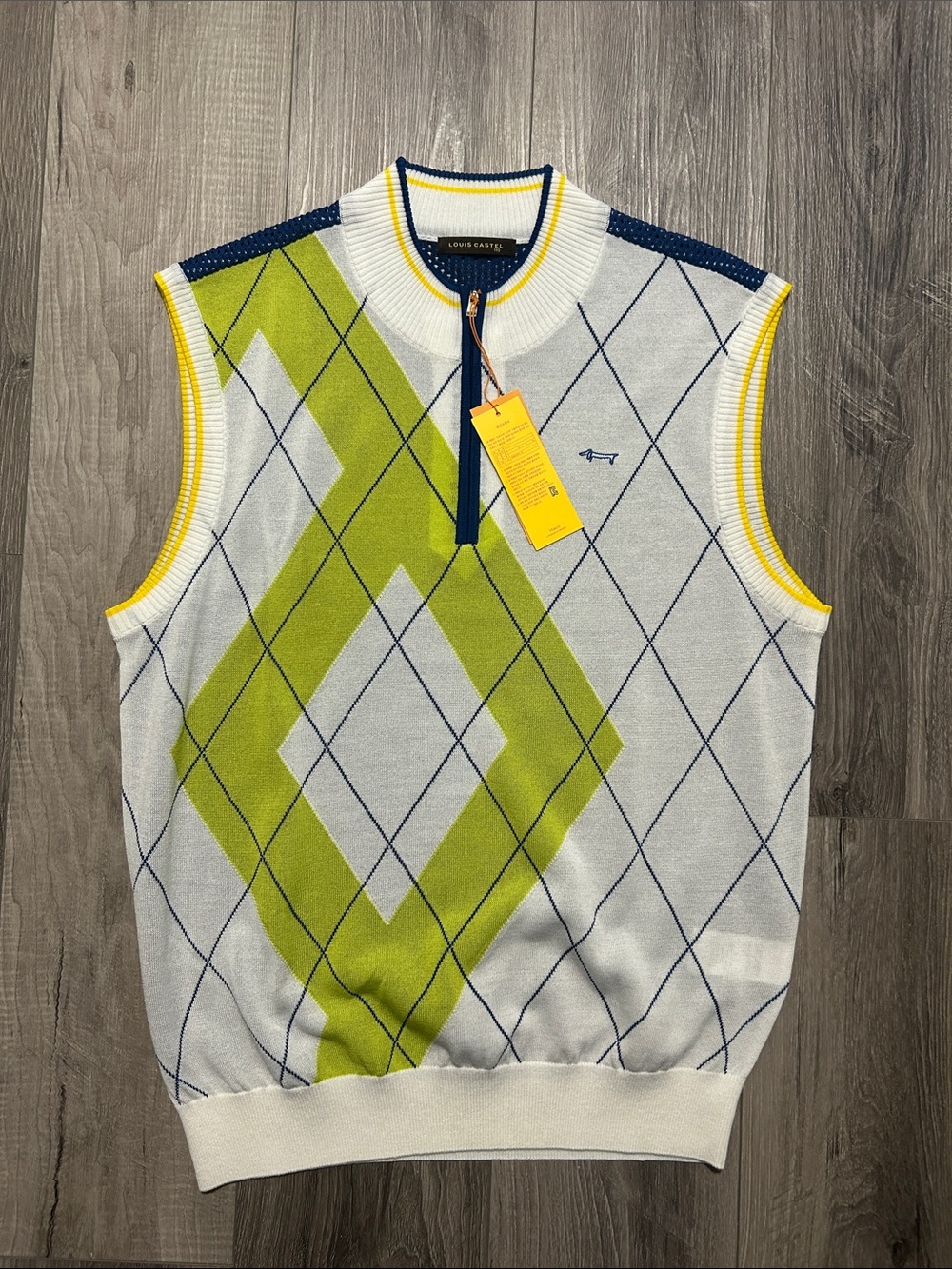Louis Castel Golf Men’s Argyle Zip Mock Neck Sweater Vest - White, Lime & Navy